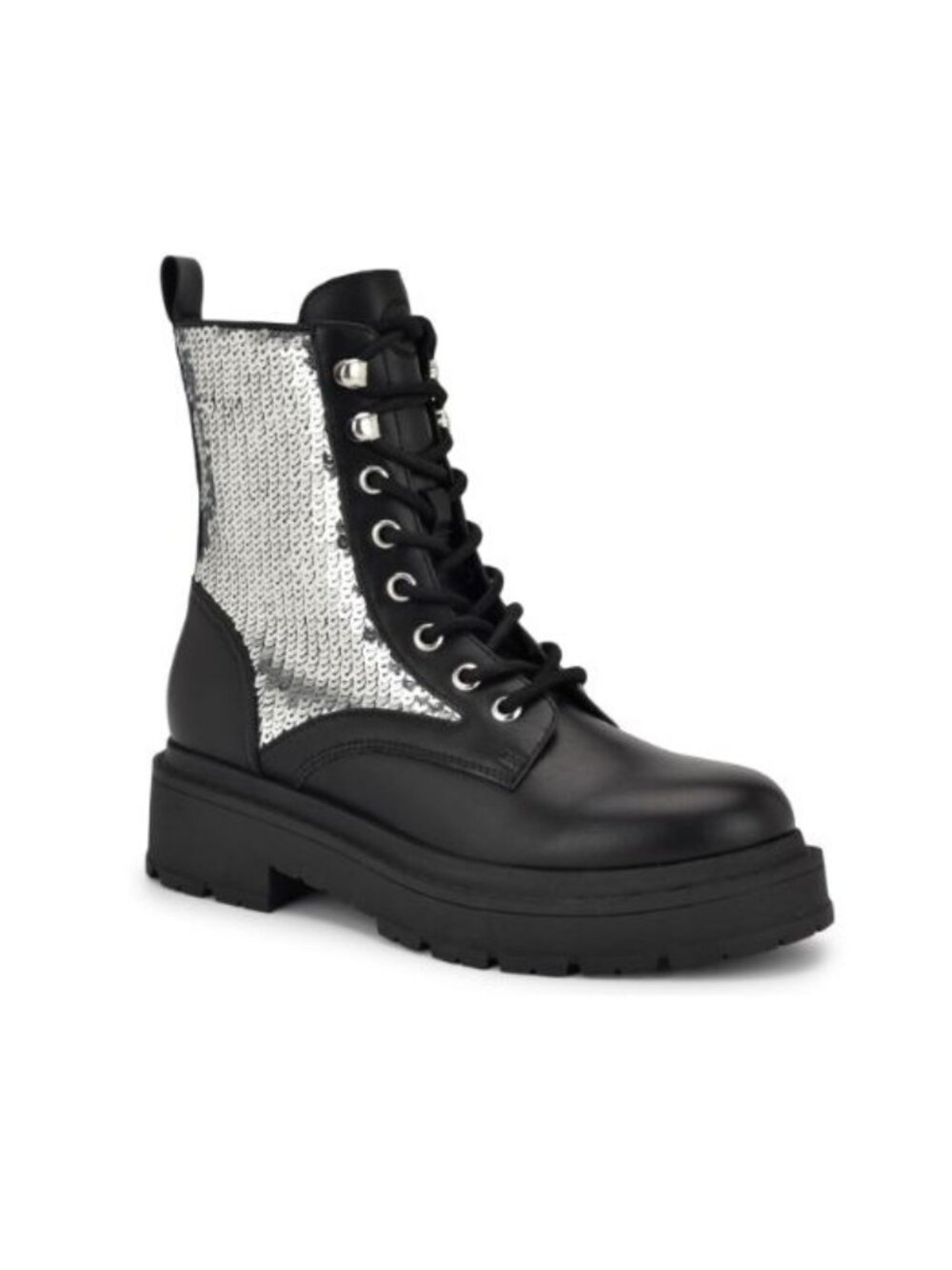 Nine West Hediy Womens Combat Boots Black Synthetic & Silver Sequin Size 8 NEW
